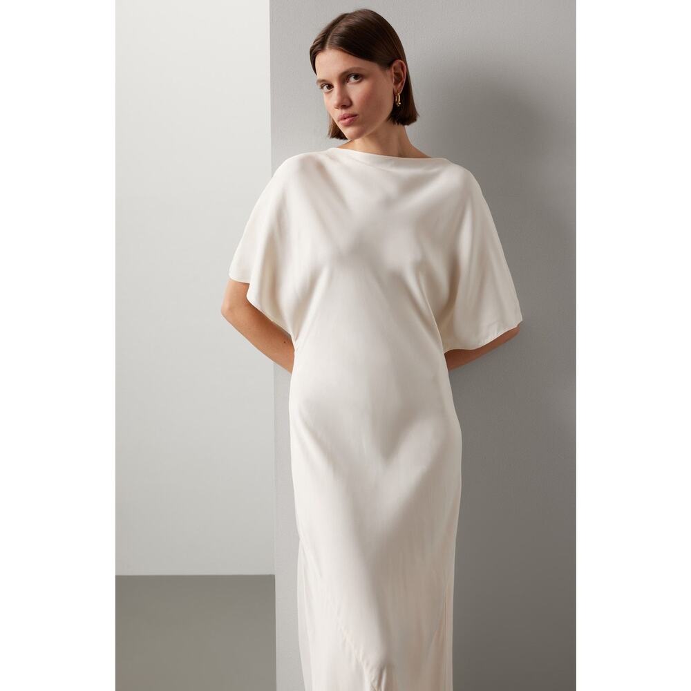 RÓHE Off-White Minimalist Mid-Length Drapey Sleeves Fluid Satin Dress Size 42 - Picture 3 of 9